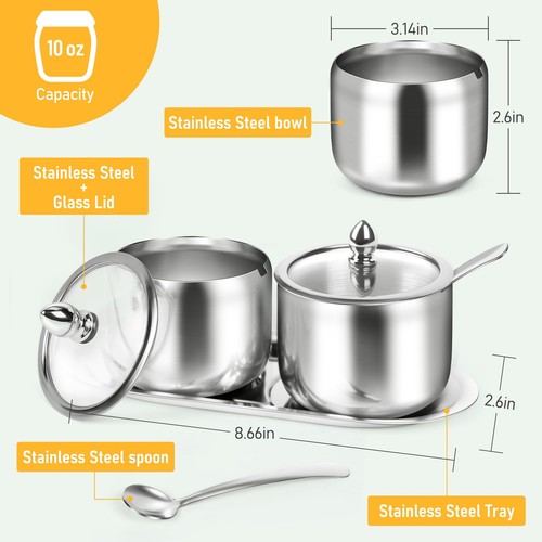 2 Pcs Stainless Steel Sugar Bowl with Tray - Container Glass Lid and Spoon - Picture 5 of 7