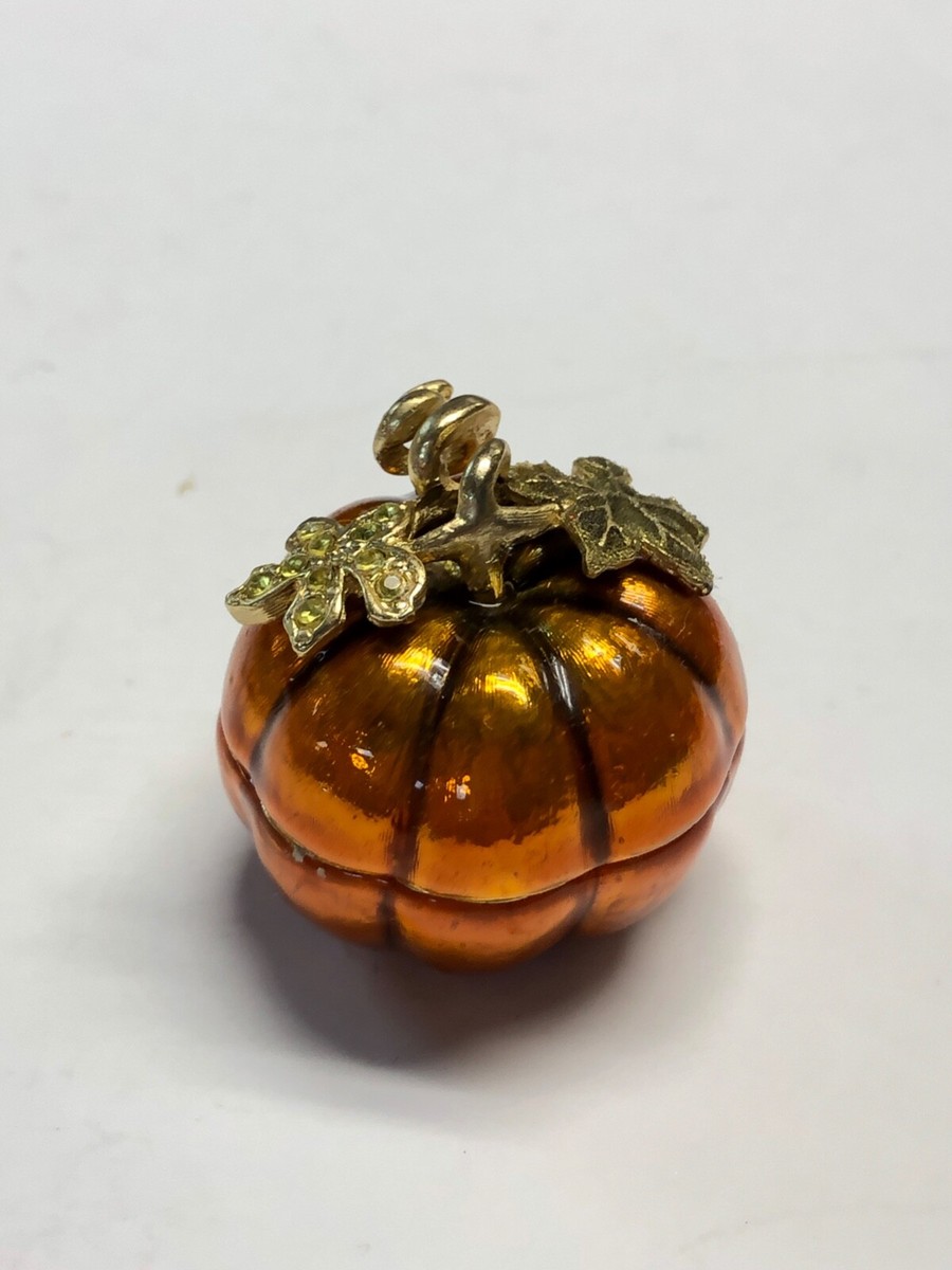 MONET ORANGE ENAMELED PUMPKIN TRINKET BOX WITH GREEN AND