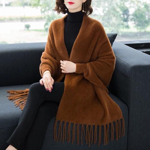 Womens Cape Poncho Outwear Warm Elegant Faux Fur Tassel Sleeves Shawl Cloak Coat - Bild 23 von 32