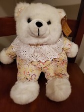 Stuffed White Teddy Bear Spring Outfit with eyelet lace collar 15 inch tall