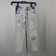 Vintage 80s Zing Jeanswear Girl's Acid Washed Applique Lace Patch Jeans 7063