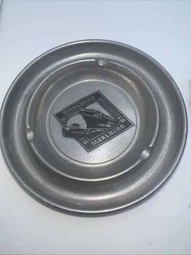 Marlboro Silver Train Design Metal 5” Mid Century Collectible Ash Tray - Picture 1 of 4