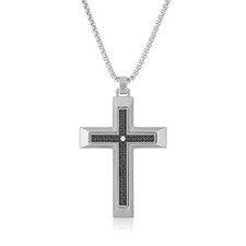 Stainless Steel Carbon Fiber Cross Pendant with Cubic Zirconia - 24" Box Chain