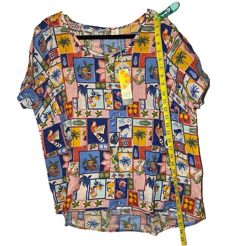 Top camicia C&C California Tropical 100% lino girocollo manica corta nuova con etichette taglia 1X - Foto 4 di 16