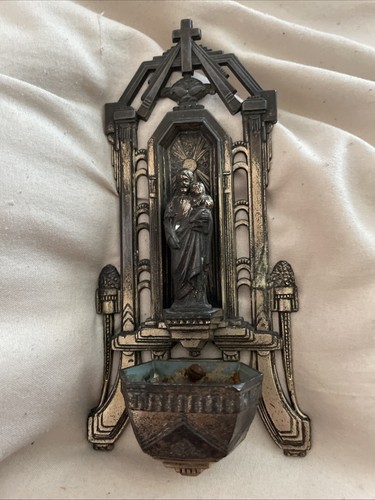 Vintage Art Deco Metal Holy Water Font St Joseph Child Jesus Wall Stoup Catholic