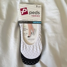 Peds Extra Low Cut No-Show Polka Dot Socks Black White Cotton 3 Pair 8-12