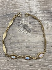 14K Yellow Gold Jewelry Opalescent Stone Open & Solid Links Bracelet 7" 4.83g