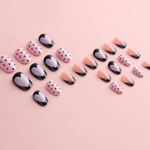 Pack of 24 Short Round Faux Nail Featuring Heart Dots Bows Pattern Shimmering - Picture 6 of 8