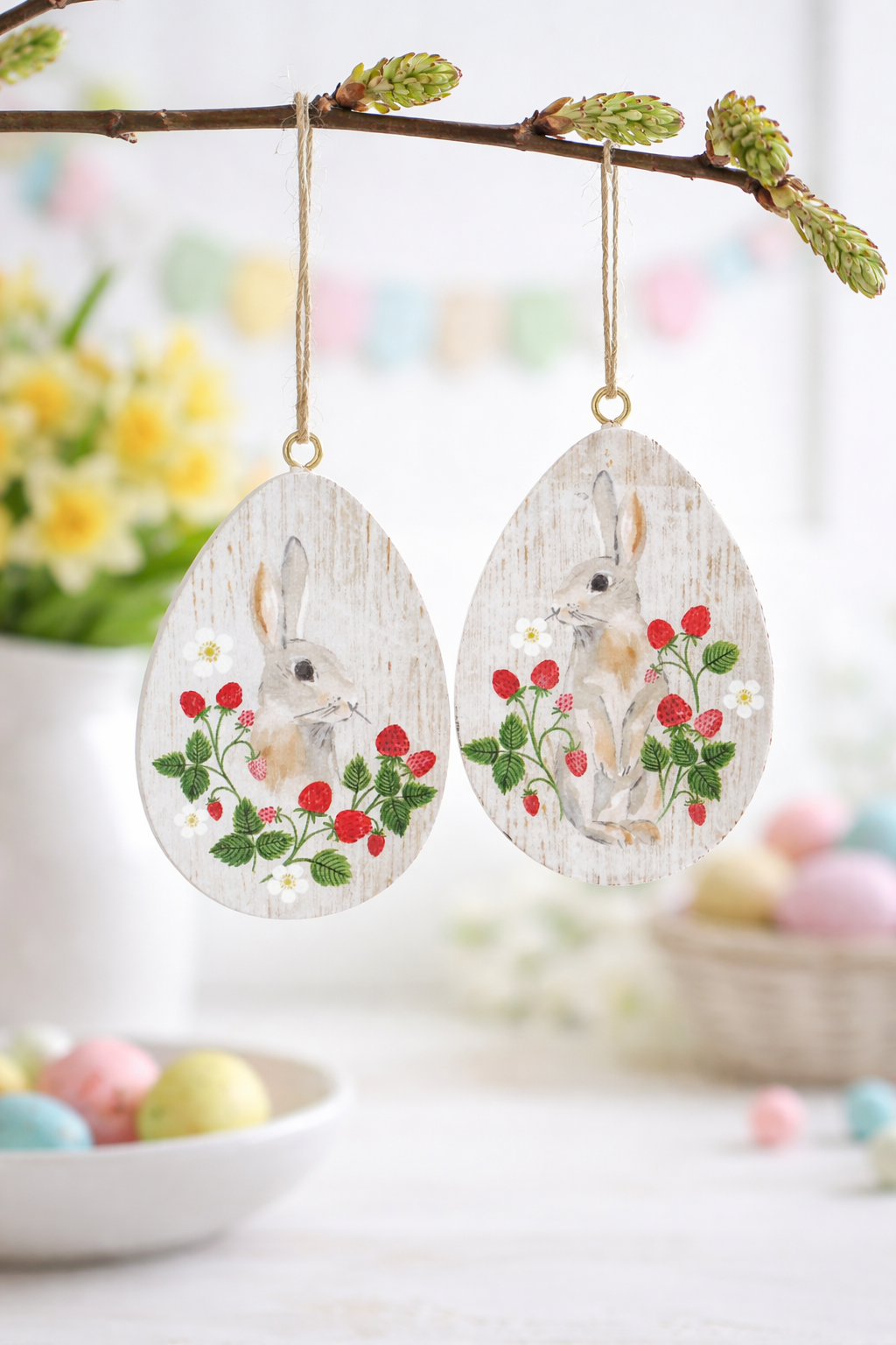 Gisela Graham Easter Bunny Egg Decorations Wooden Hanging Egg Hangers Set of 2