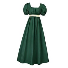 Regency Dresses for Women with Satin Sash Ruffled Puff Sleeve Medium Dark Green