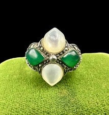 Vtg Sterling Silver Green Onyx Mother Of Pearl  Marcasite Art Deco Ring Sz 7