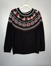 Charter Club Sweater Womens XL Black Red Holiday Fair Isle Reindeer Crewneck