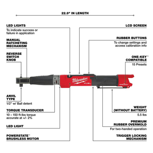 Llave de torsión digital Milwaukee 2466-20 M12 COMBUSTIBLE 12V 1/2" con una llave - herramienta desnuda - Imagen 4 de 12