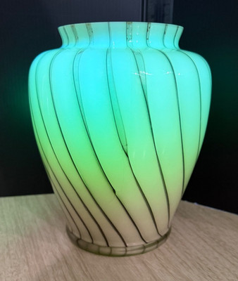 MCM Murano Striped Uranium Cased Glass Vase Silver Beige