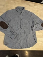 J.CREW Men's Gray Long Sleeve Flannel Button Down Sz Large Faux Leather Patches