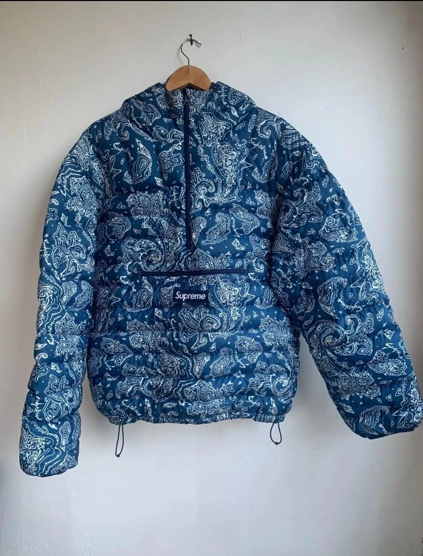 Veste Supreme Micro Down Demi Zip Pull à Capuche PERTEX Bleu Paisley L AUTHENTIQUE