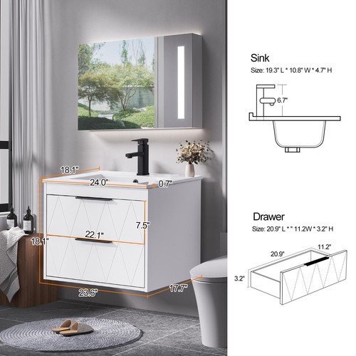 Bathroom Vanity Wall Mounted Cabinet with Ceramic Sink Combo Faucet Drain - Picture 20 of 26