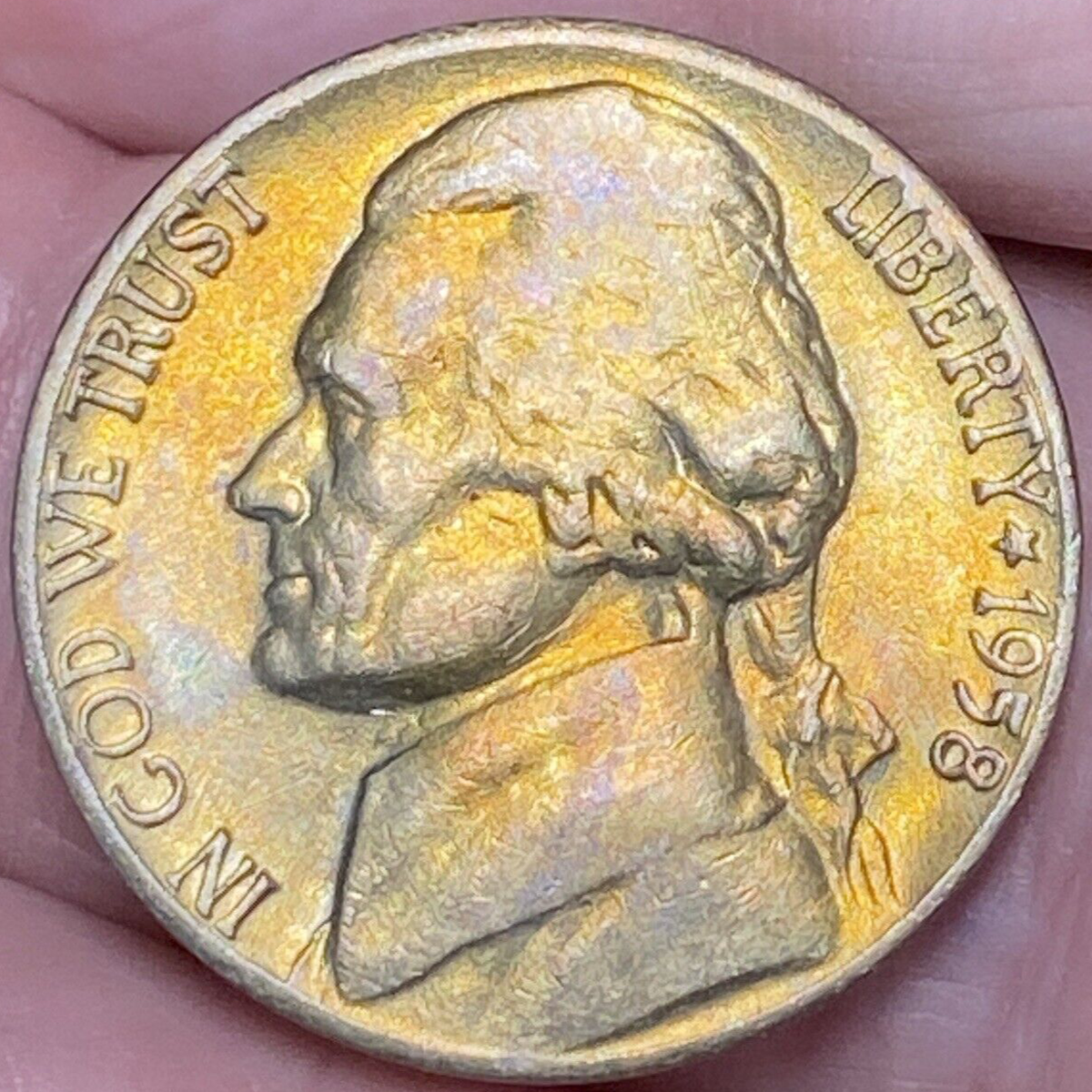 1958-D Jefferson Nickel Beautiful Brilliant Gold/Rainbow Toned