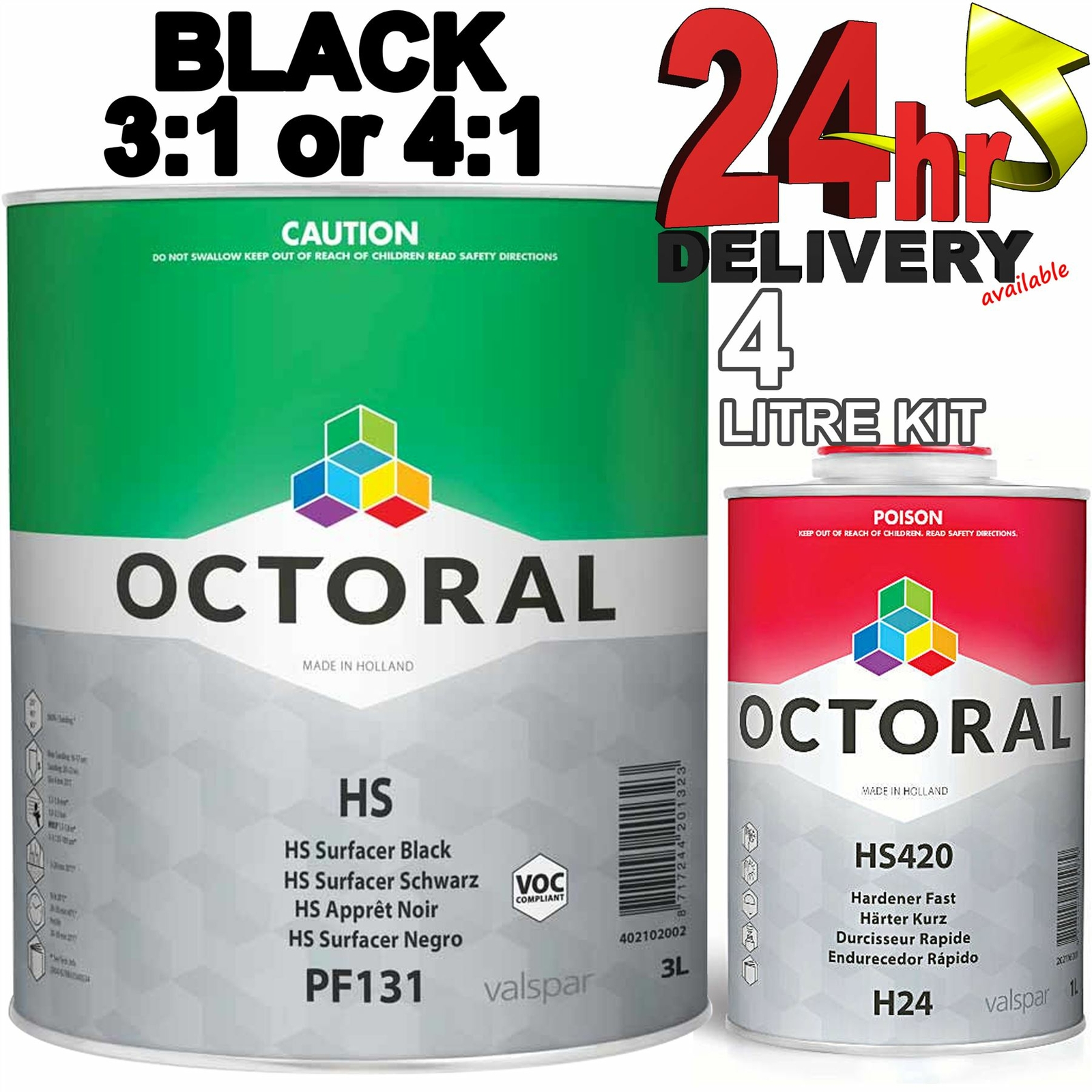 Octoral PF131 + H24 Black HS Primer Surfacer with Fast Hardener 4Litre Kit