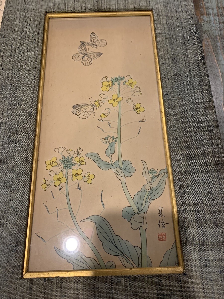 VINTAGE JAPANESE INK ART-DRAWING-BUTTERFLIES on FLOWERS ART