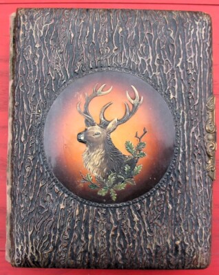Antique Celluloid Photo Album Rustic Deer Oak Leaves Cabin Decor