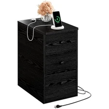 Nightstand with charging station, narrow bedside table with 3 drawers,