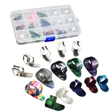 15pcs Stainless Steel Celluloid Thumb Finger Guitar Picks Plectrum + 15 Grid