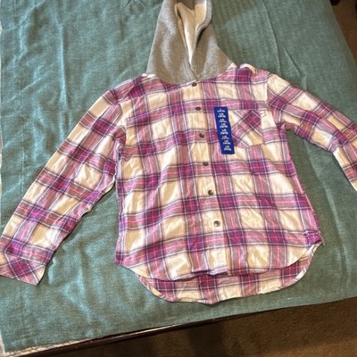 Roxy Plaid Button Hooded Collared Long Sleeve Hoodie Pink Gray Girls L 14/16