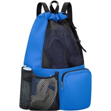 Navy Swim Bag Mesh Beach Drawstring Backpack Wet Pocket Waterproof Gym