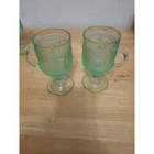 Vintage Green Depression Glass Footed Mug Set Floral Pattern Uranium Style Cups