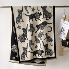 New Reversible Cat Print Shawl Scarf Cashmere Feel Polyester Black Cream