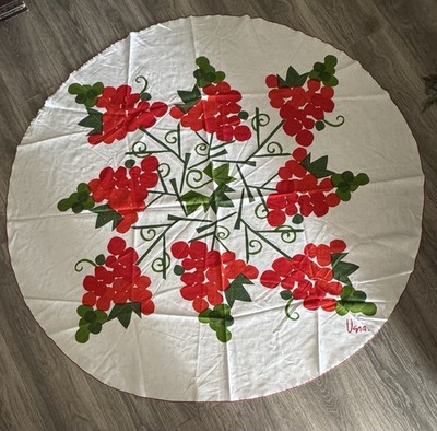 Vintage  56  Round Vera Neumann Red Grape/White Ted Trim Table Cloth Cottagecore