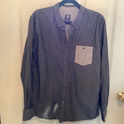 FSBN Mens black / grey denim look cotton Long Sleeve Pocket Shirt SZ L slim fit 