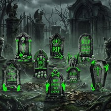 8 Pack 15.7" Halloween Tombstones Decoration Glow in the Dark Fluorescent, Spook