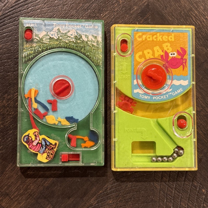 Lot of 2 VTG 1970's TOMY Pocket Games - Fishing & Cracked Crab 🦀 Works