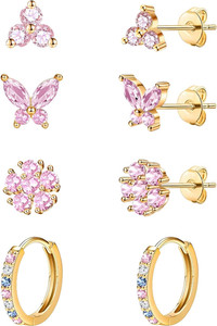Authentic 20G Gold Pink Studs Earrings for Women,14K Gold Plated Hypoallergenic Butterfly