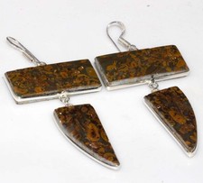 925 Silver Plated Large Fruit Jasper Earrings 2.9" Eye Catching Design Trendy MJ