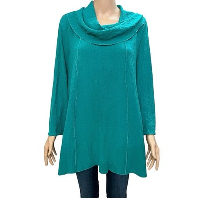 Ali Miles Crinkle Cowl Neck Tunic Top 1X Teal 3/4 Sleeves Artsy Lagenlook Casual