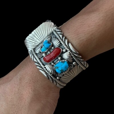 Navajo Artist D.Gordon Sterling Silver Coral Watch Cuff