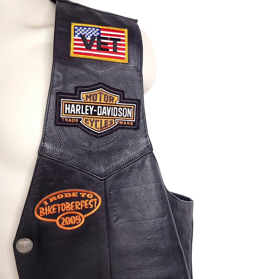 UNIK Leather Vest Biker Motorcycle Mens 54 Harley Davidson Army Vet Patch Chain - Image 4 of 4
