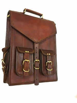 Echt Vintage Dunkelbraun Leder Rucksack Backpack Umhängetasche Laptoptasche