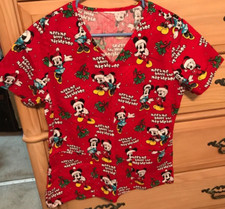 MICKEY MINNIE MOUSE Women's Red Medical SCRUB TOP Size Small, Meet Me Mistletoe