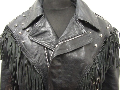 VINTAGE 80'S LA ROCKA LEATHER FRINGED MOTORCYCLE JACKET SIZE UKM, TASSELS, STUDS - Picture 3 of 17