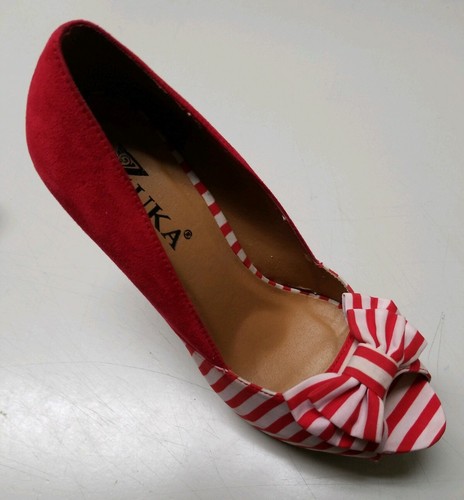 Zuka open Peep Toe Pumps Heels.Red/white stripes. 4" Heal. Bow Tie.Beauty EL 6 - Picture 2 of 12
