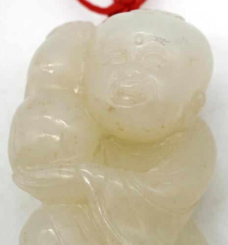Chinesischer weißer Jadeit Jade geformter Amulett Anhänger glücklicher Mann mit doppeltem Kürbis - Bild 3 von 22