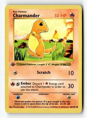 Pokemon Karte Charmander LP Base Set Shadowless 1. Edition Common 46/102