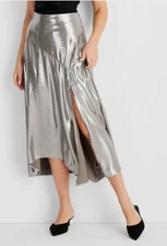 Future Collective sz L Flowy Satin Midi Skirt Cocktail Metallic Silver
