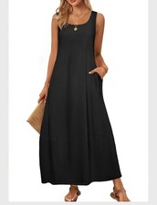 Merokeety Black Small Sleeveless Maxi Dress Cotton Blend Pockets Casual Beach