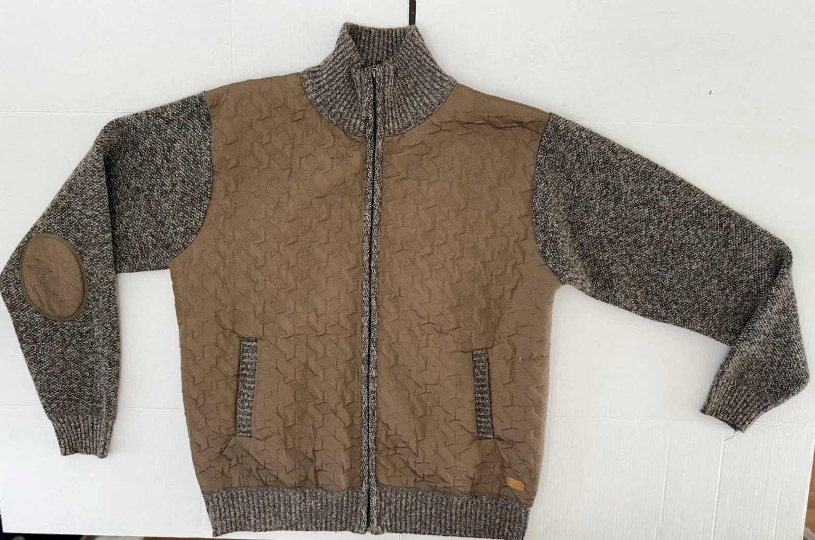US ICON Men's Hybrid Knit Jacket Full Zip Quilted Padded Sweater Brown Size 2XL