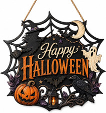 Halloween Door Decorations, Wooden Ghost Witch Pumpkin Hanging Sign, Happy Hallo